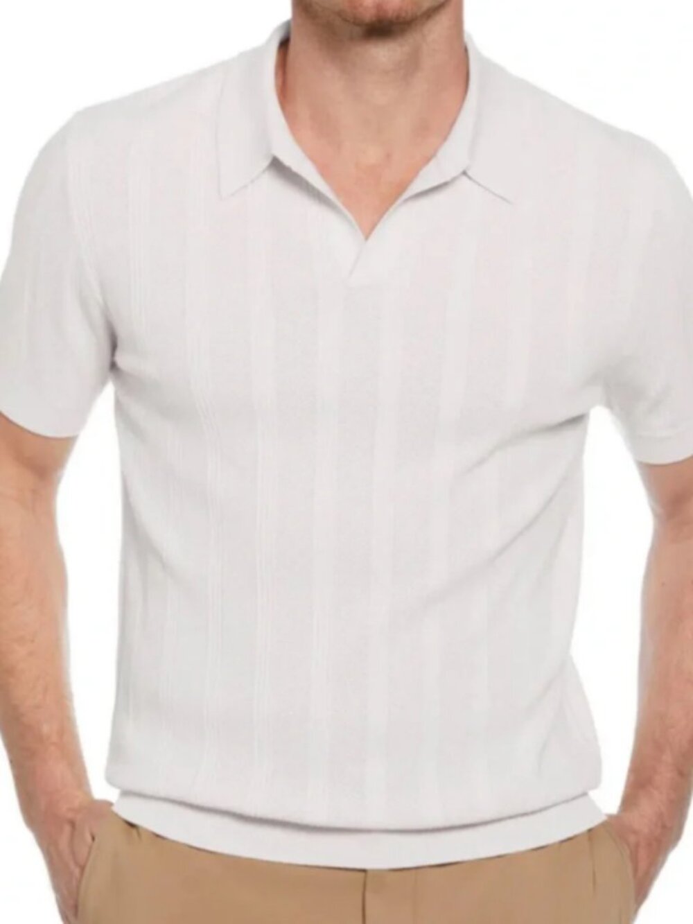 Perry Ellis Men's Johnny Collar Stripe Polo White Sweater Shirt Size Medium